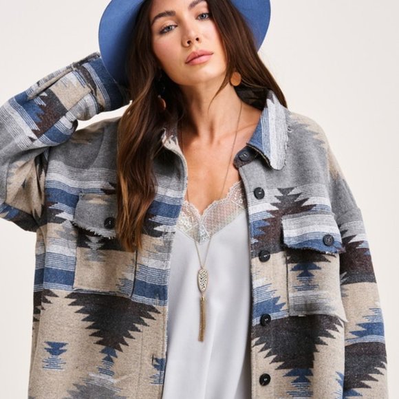 SANTA FE Teal Distressed Aztec Button Down Jacket - Picture 8 of 10